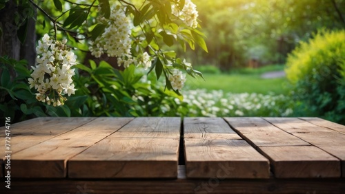 Spring beautiful background with green lush young foliage and flowering branches with an empty wooden table