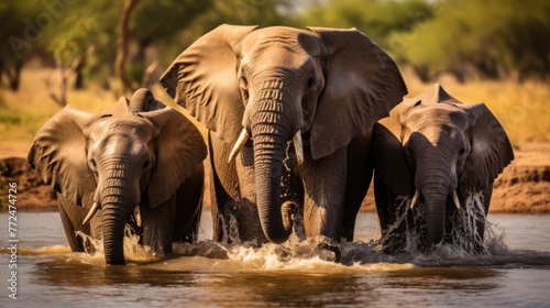 A group of elephants playing in a watering hole  their joyous trumpeting echoing through the savanna