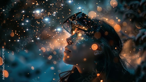 Female wearing VR glasses with blue illuminated bokeh. Virtual tranquility and digital nature concept.