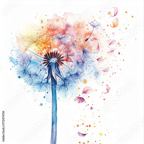 Watercolor clipart of dandelion in the wind, pastel colors, with clear margin on a white background. Perfect for nature-themed designs, greeting cards, and springtime illustrations.