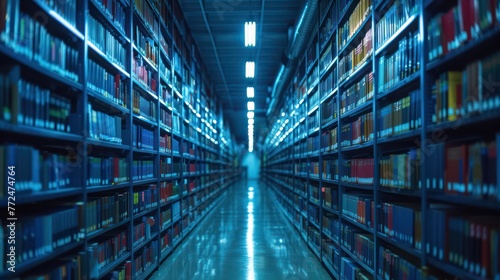 Hallway inside a library with shelves filled with books