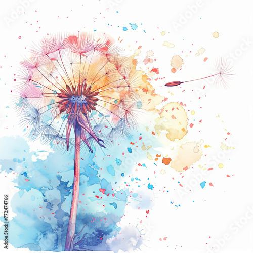 Charming watercolor clipart of a dandelion blowing in the wind, featuring pastel colors and a clear margin on a white background. Ideal for botanical illustrations, scrapbooking, and whimsical designs