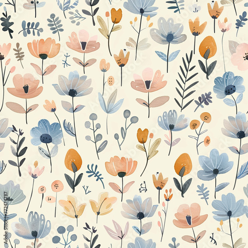 Sweet watercolor seamless pattern of cute floral designs in flat, pastel colors. Perfect for textile prints, wallpapers, and feminine-themed designs with a whimsical touch. © Yana