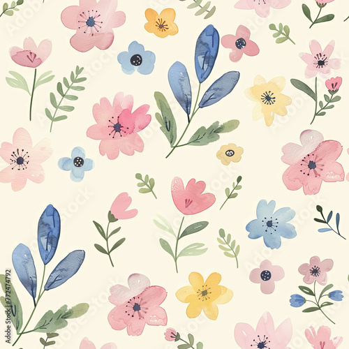 Charming watercolor seamless pattern featuring cute floral designs in flat  pastel colors. Ideal for digital backgrounds  stationery  and scrapbooking projects.