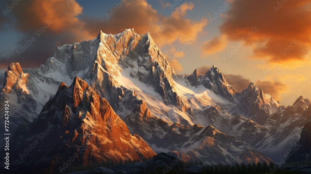   Majestic view of tall rocky mountains lit by sunset Generate AI
