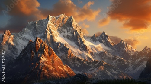  Majestic view of tall rocky mountains lit by sunset Generate AI