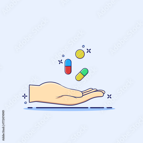 Hand giving pills cartoon vector illustration. Doctor give medicine capsule concept