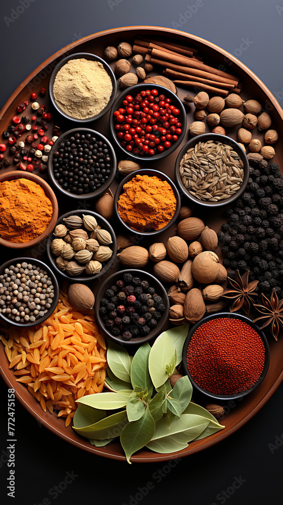Fototapeta premium Spices and Flavors of the World: Exotic and aromatic spices on a tray. Flat lay, top view.