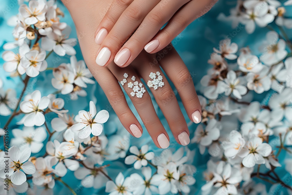 Female hands with beautiful spring blooming flowers nail design. Woman hands with trendy polish manicure on background with white spring flowers