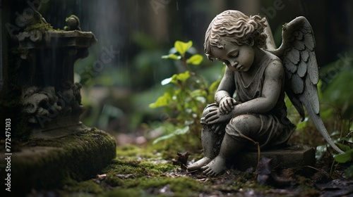  Stone cherub praying in graveyard Generate AI