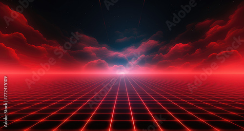 Red grid floor on a glow neon night red grid background, in the style of atmospheric clouds, concert poster, rollerwave, technological design, shaped canvas, smokey vaporwave background. photo