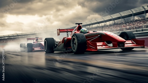  The race cars are racing past an empty grand stand in slightly wet conditions, under a bright and cloudy sky. Generate AI