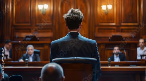 Rear view of a man standing in front of a courtroom audience. Courtroom scene with a focus on the speaker.