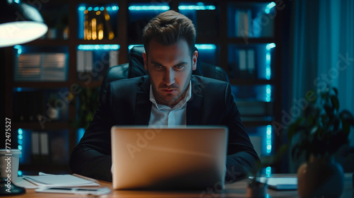 Young handsome businessman using laptop at his office desk