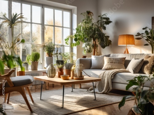 Urban jungle in living room interior with many plants
