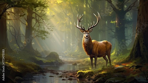 A majestic stag standing proudly in a forest clearing, its antlers adorned with morning dew © DayByDayCanvas