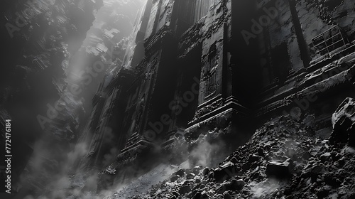 Zoom in on the intricate patterns of decay etched into the weathered facade of an ancient cathedral, its once-majestic spires now crumbling into dust.