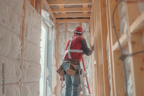 A worker carries out work on insulating a house	
