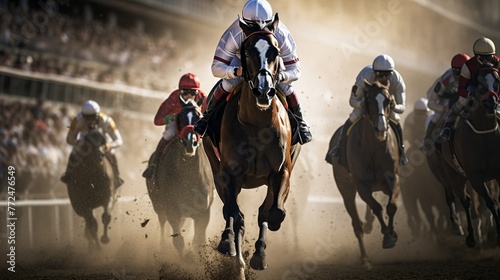 photo of a horse race, with the winning white horse at the finish line, full of enthusiasm Generate AI © VinaAmeliaGRPHIC