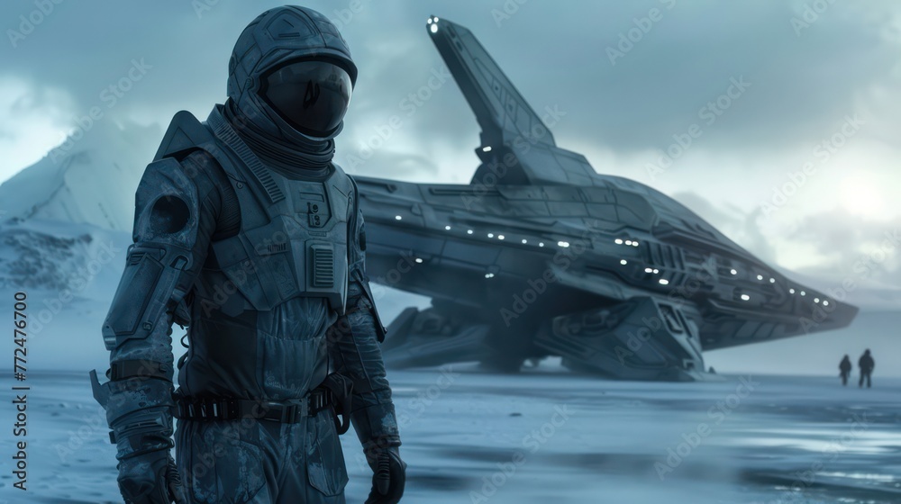 Astronaut-themed background set on an outer space planet, featuring a man in a futuristic astronaut suit alongside a spaceship, with muted colors Astronaut-themed background set on an outer space planet, featuring a man in a futuristic astronaut suit alongside a spaceship, with muted colors