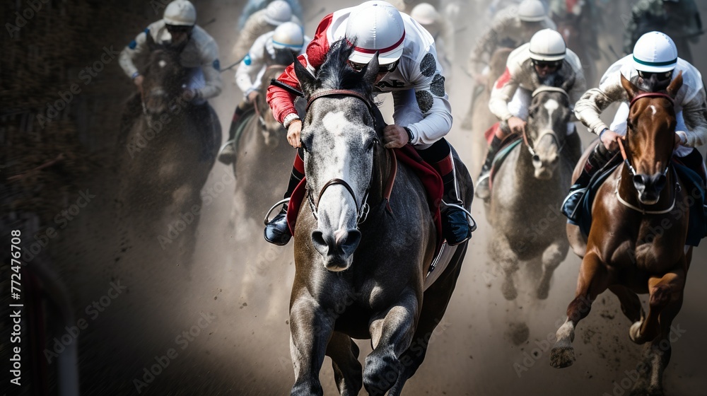 photo of a horse race, with the winning white horse at the finish line, full of enthusiasm Generate AI