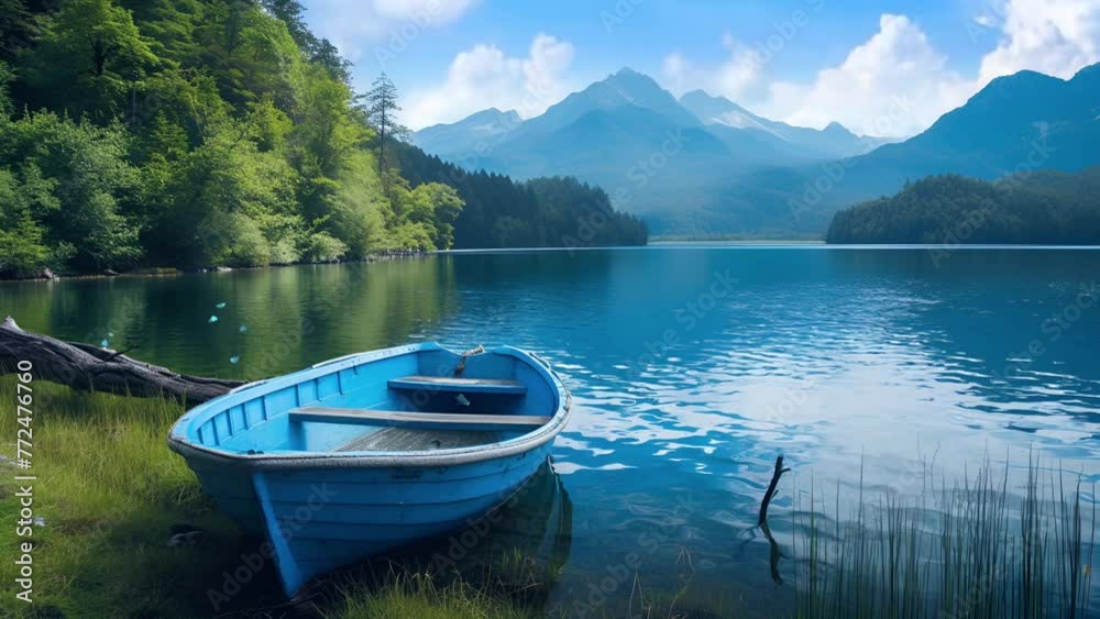Realistic photo of wooden boat and lake views; is perfect for background projects; 4k virtual video animation. Realistic photo of wooden boat and lake views; is perfect for background projects; 4k virtual video animation.
