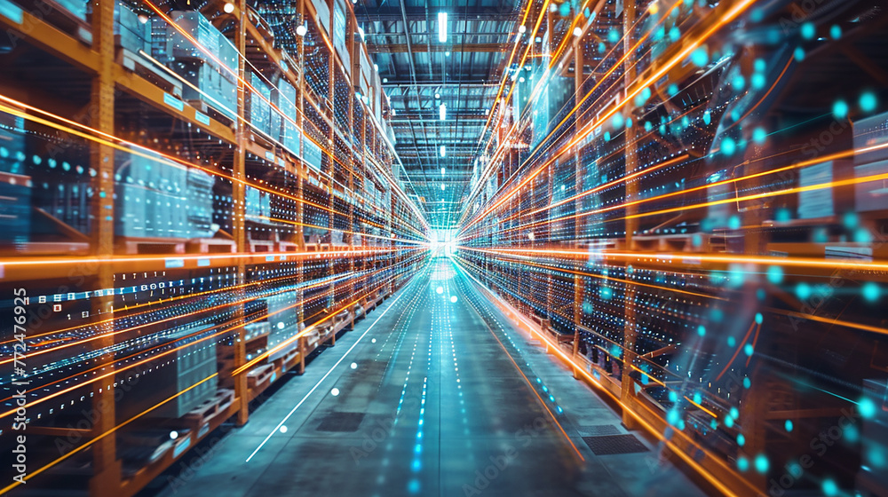 A dramatic perspective showcasing the CTO's strategic oversight of data operations, with digitalization lines illuminating the path to technological advancement in the warehouse.