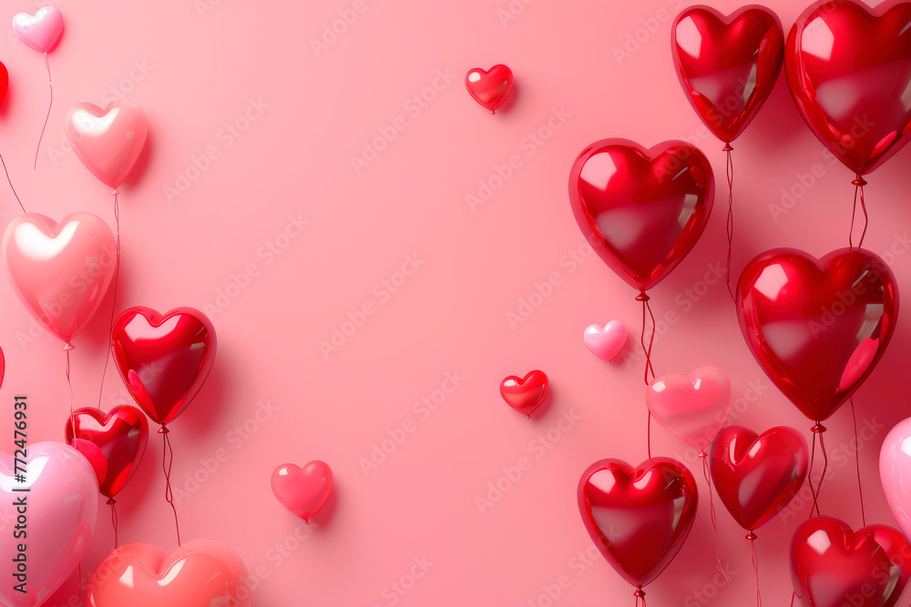  heart-shaped balloons and boxes with gifts on a holiday card	
