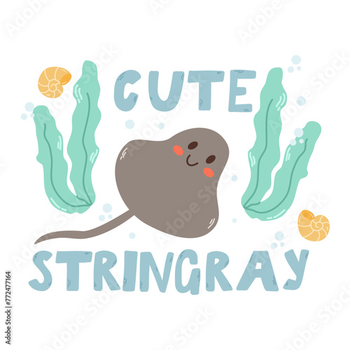 Cute stringray . Baby animal concept illustration for nursery, character for children.Marine animals, under sea