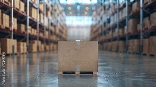Pallet with a single large cardboard box against a backdrop of soft-focus warehouse shelves