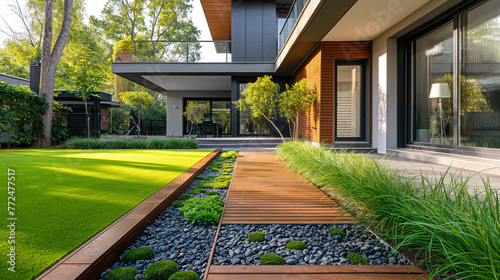 Contemporary lawn turf with wooden edging in front yard of modern house