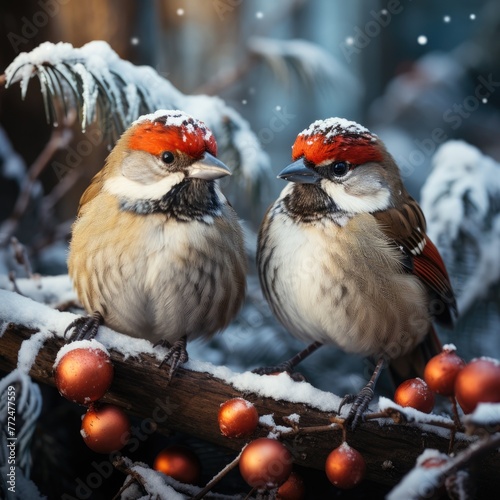 holiday card with two little funny birds sparrows sit in the winter garden under a spruce branch with a Christmas ball in red Santa hats © DayByDayCanvas