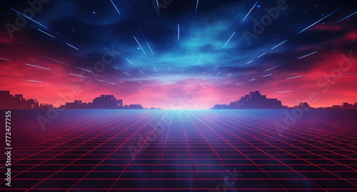 Red grid floor line on glow neon night red background, Synthwave vaporwave retrowave cyber background, concert poster, rollerwave, technological design, shaped canvas, smokey cloud wave background. photo