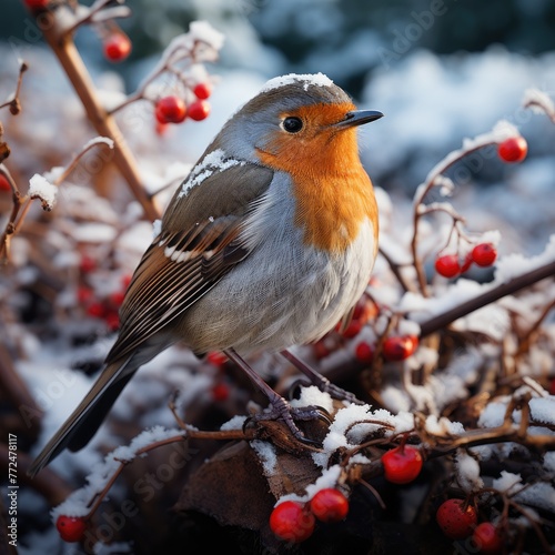 Robin on a snow covered Holly bush, Durham, UK