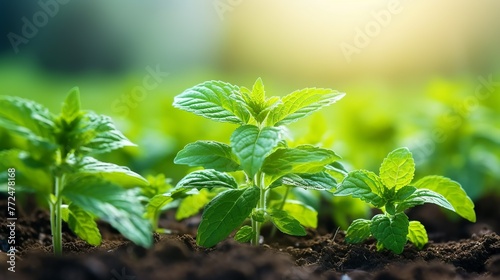  Fresh green mint plants growing  Spice, Mint - Flora Family, Peppermint, Leaves, Herbal Medicine Generate AI photo