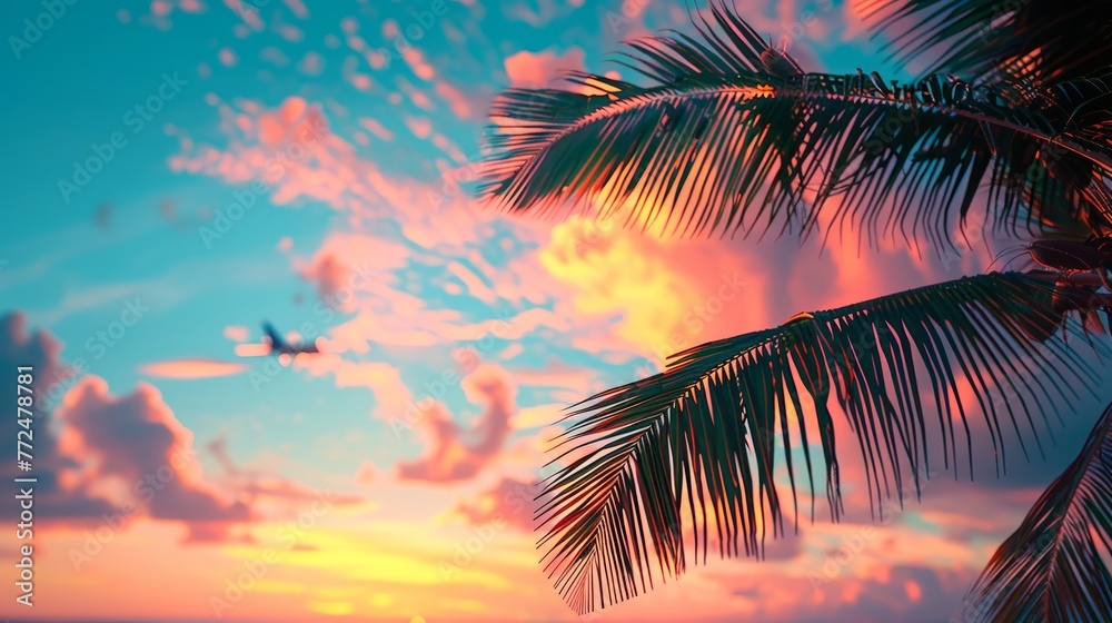 Close-up of palm tree fronds against a soft dawn sky with a distant plane - obrazy, fototapety, plakaty 