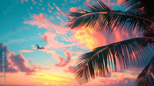 Close-up of palm tree fronds against a soft dawn sky with a distant plane photo