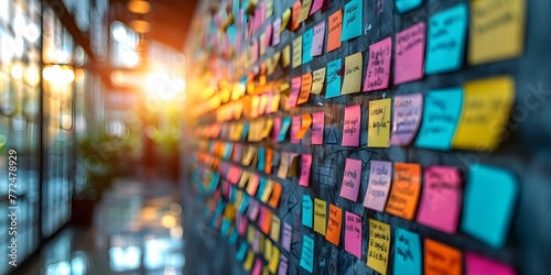 A closeup of a whiteboard with colorful sticky notes and markers displaying keywords related to planning and strategy. Concept Closeup Photography, Colorful Sticky Notes, Planning and Strategy