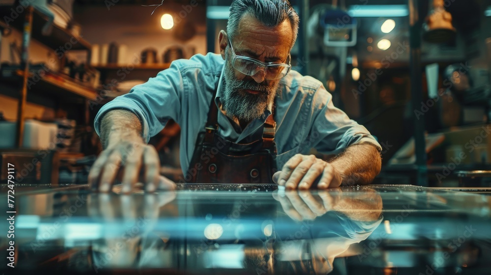 Detailed Glazier Worker Measuring Glass in Workshop Detailed Glazier Worker Measuring Glass in Workshop