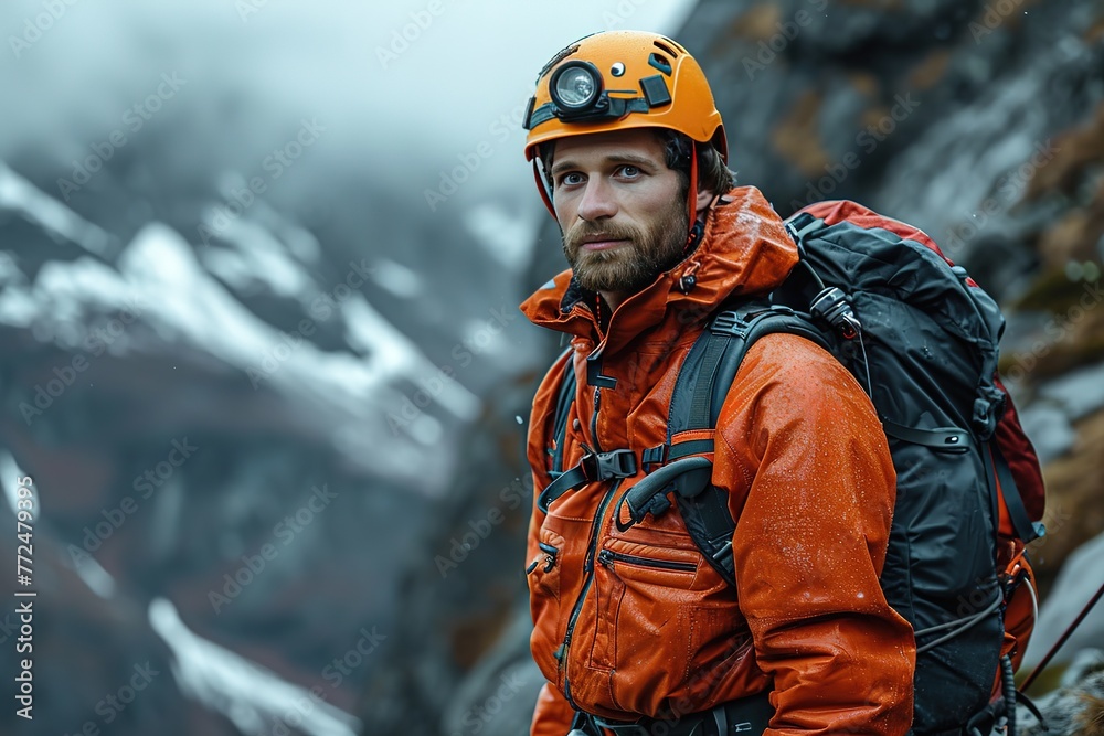 A brave mountain rescue team member scaling a steep cliff to reach an injured hiker A brave mountain rescue team member scaling a steep cliff to reach an injured hiker