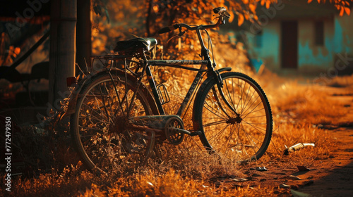 Bicycle with a vintage reddish tint, featuring people with calm expressions and elegant postures