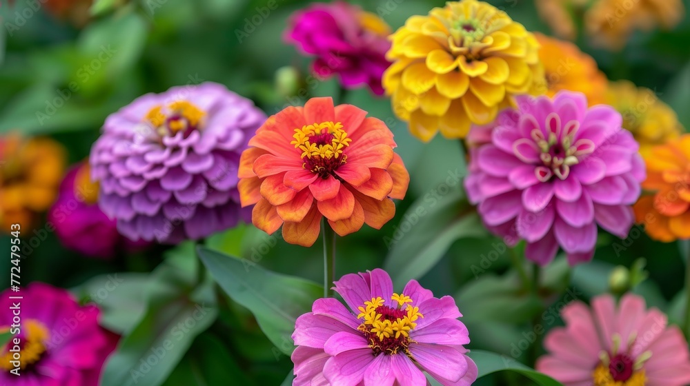 Colorful Zinnia Dahlia Flowers Full Bloom Close Up Colorful Zinnia Dahlia Flowers Full Bloom Close Up