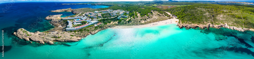 Areal drone view of Arenal de Son Saura beach at Menorca island, Spain