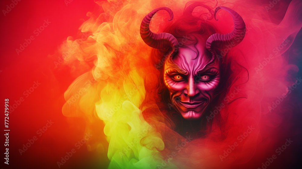 Red devil face and horn illlustration, red and rainbow background splash smoke Generate AI