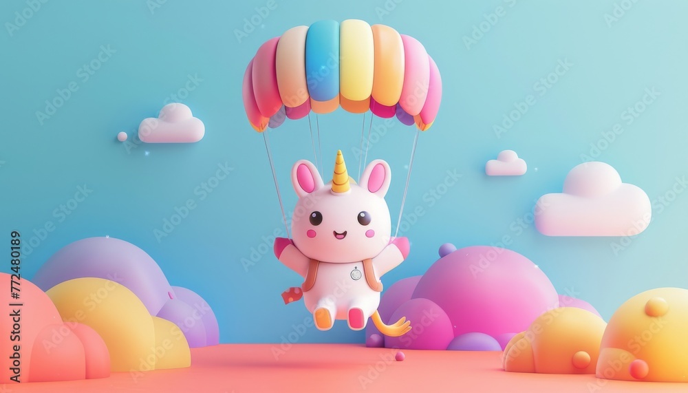 A kawaii baby-unicorn in World War 2 attire, parachuting amidst vivid colors. Calm, clay-textured, minimalistic, isometric. No shadows, super cute cartoon vibe, mysterious. 3D, C4D character design on