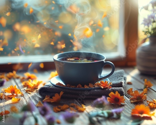 Intimate view of a steaming herbal tea cup, surrounded by natural wellness elements. Warmth, comfort. photo