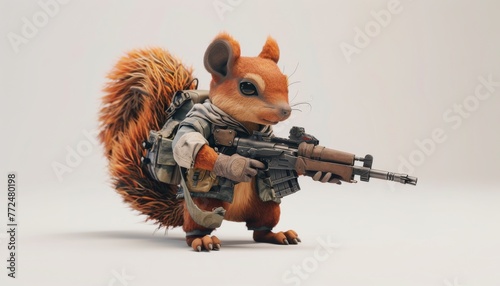 Imagine a baby squirrel, embodying the spirit and attire of a World War II soldier, standing proud with a weapon. The artwork is crafted in 3D