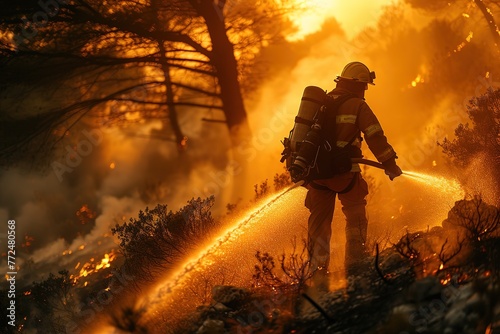 A firefighter extinguishing flames in a wildfire, using a hose to spray water on smoldering trees, surrounded by scorched earth and charred remains