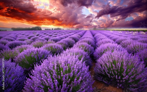 Rows of lavender stretching towards a horizon ablaze with pinks  oranges  and purples. The air is filled with a soft  hazy glow and the faint scent of lavender.