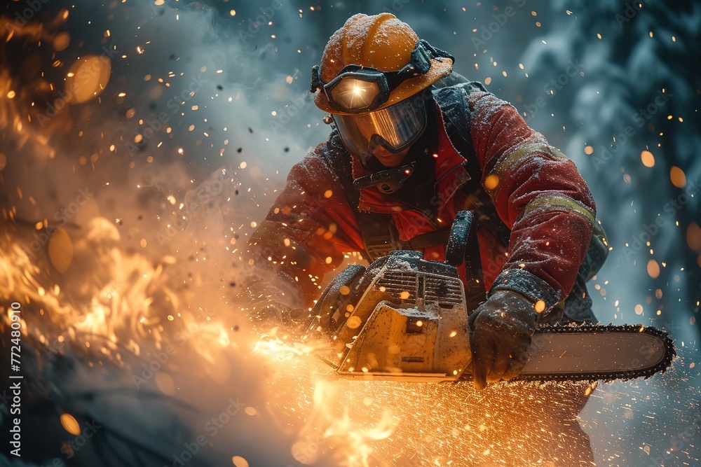 A firefighter using a chainsaw to create an escape route through a ...